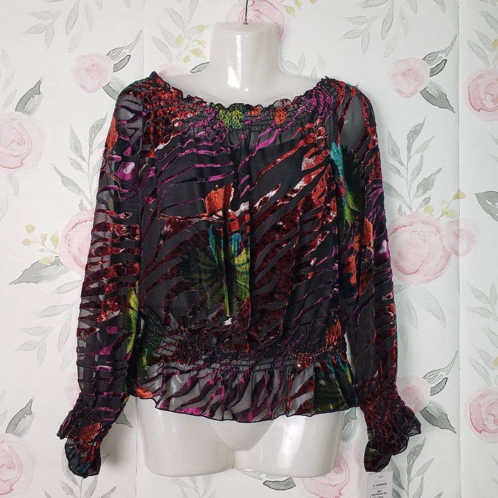 NEW Peter Nygard Bold Velvet Burnout Top Peplum Blouse womens 6 S XS
